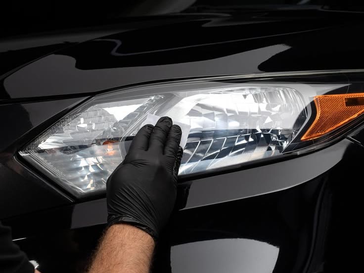 A restored headlight lens, clear under the shop lights